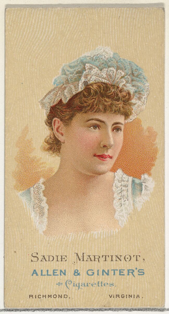 Sadie Martinot, from World's Beauties, Series 2 (N27) for Allen & Ginter Cigarettes, Allen &amp; Ginter (American, Richmond, Virginia), Commercial color lithograph 