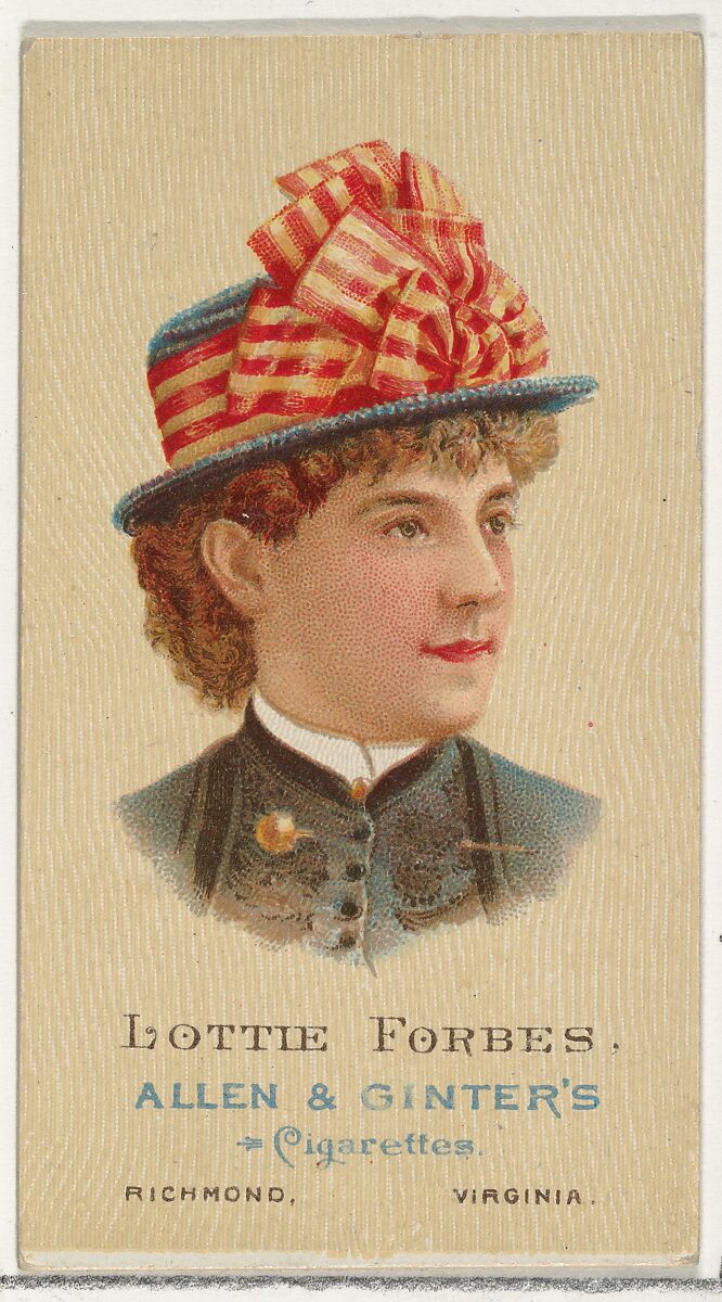 Lottie Forbes, from World's Beauties, Series 2 (N27) for Allen & Ginter Cigarettes, Allen &amp; Ginter (American, Richmond, Virginia), Commercial color lithograph 