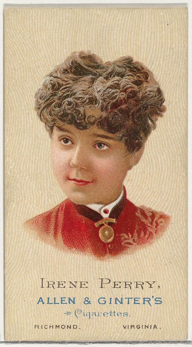 Irene Perry, from World's Beauties, Series 2 (N27) for Allen & Ginter Cigarettes, Allen &amp; Ginter (American, Richmond, Virginia), Commercial color lithograph 