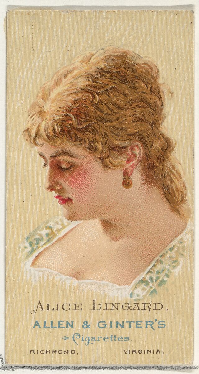 Alice Lingard, from World's Beauties, Series 2 (N27) for Allen & Ginter Cigarettes, Allen &amp; Ginter (American, Richmond, Virginia), Commercial color lithograph 