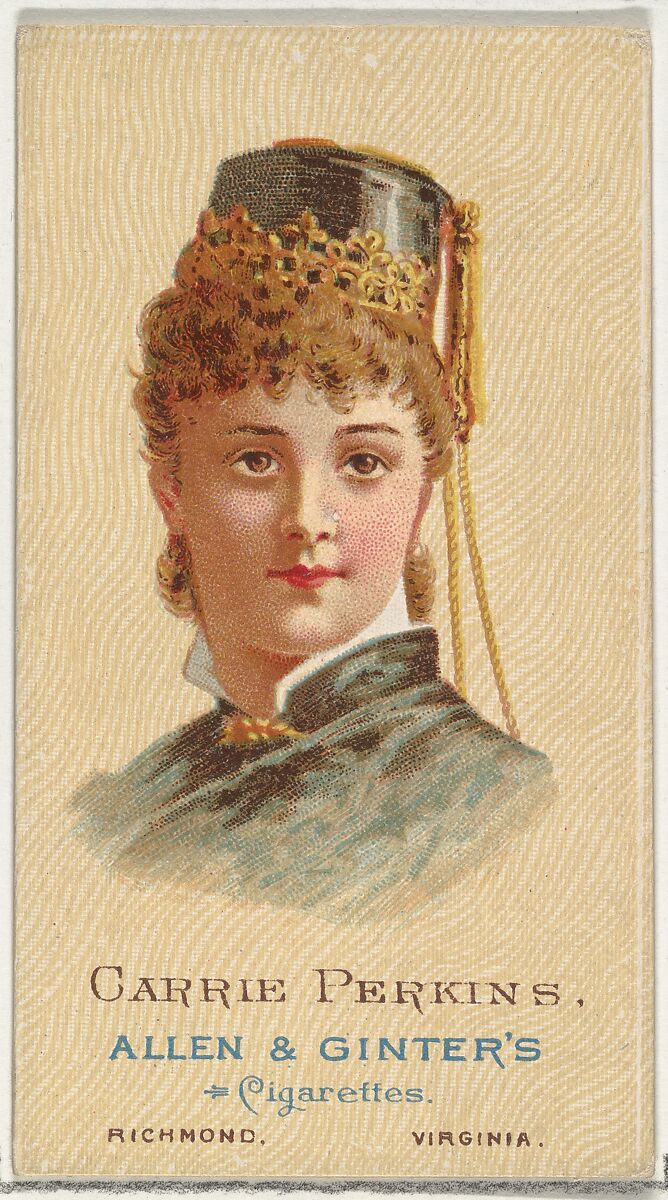 Carrie Perkins, from World's Beauties, Series 2 (N27) for Allen & Ginter Cigarettes, Allen &amp; Ginter (American, Richmond, Virginia), Commercial color lithograph 