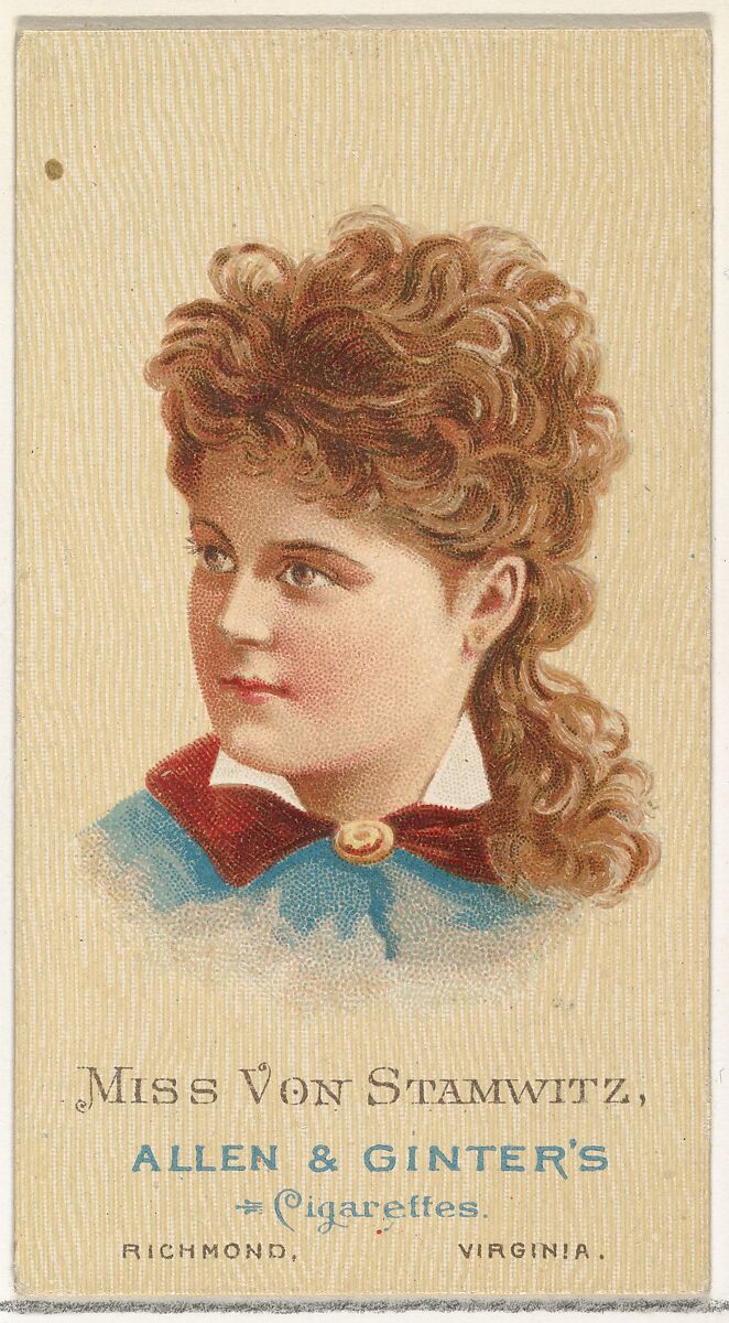 Miss Von Stamwitz, from World's Beauties, Series 2 (N27) for Allen & Ginter Cigarettes, Allen &amp; Ginter (American, Richmond, Virginia), Commercial color lithograph 