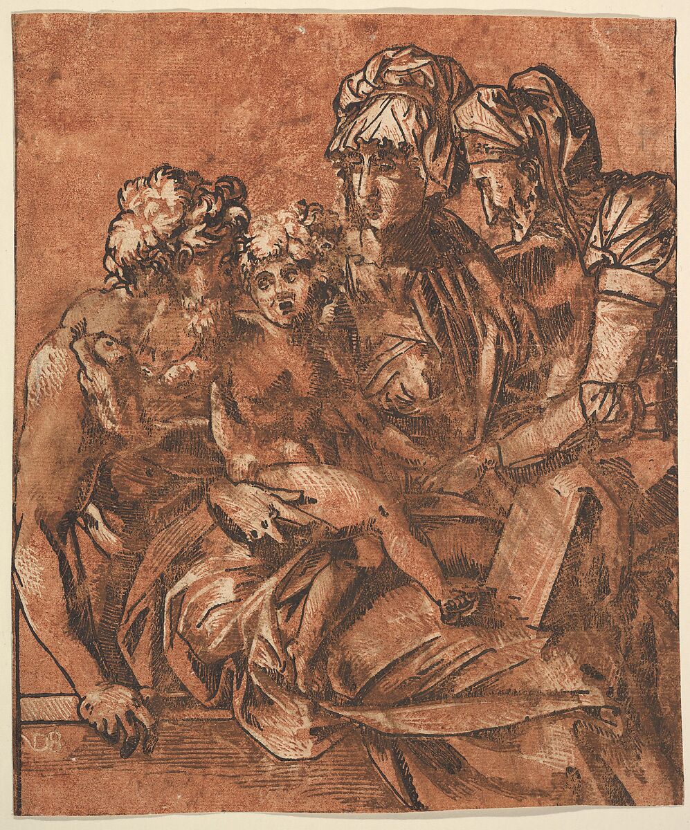 Holy Family, Master ND (Italian, active 1540s), Chiaroscuro woodcut from three blocks in red 