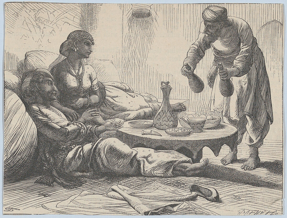 Sheich Ibrahim and His Visitors (from "Illustrated  Arabian Nights' Entertainments"), Dalziel Brothers (British, active 1839–93), Wood engraving 