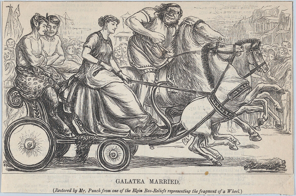 Galatea Married – Restored by Mr. Punch from one of the Elgin Bas-Reliefs representing the fragment of a Wheel (Punch, or the London Charivari, April 14, 1866, p. 151), Anonymous, British, 19th century, Wood engraving 