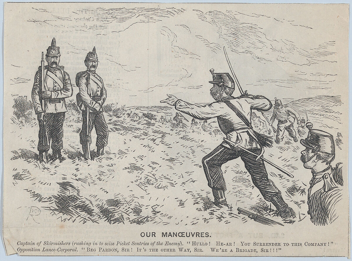 Our Manoeuvres – Captain of Skirmishers Addresses a Lance-Corporal (recto); Sad, But a Fact! (verso) (Punch, or the London Charivari, September 20, 1873, pp. 120-121), Recto: Anonymous, British, 19th century, Wood engraving 
