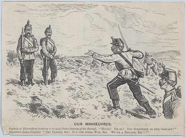 Our Manoeuvres – Captain of Skirmishers Addresses a Lance-Corporal (recto); Sad, But a Fact! (verso) (Punch, or the London Charivari, September 20, 1873, pp. 120-121)