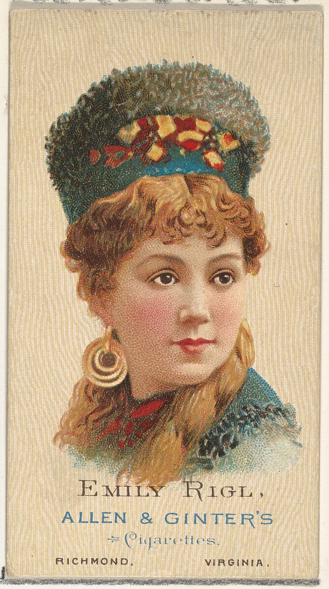 Emily Rigl, from World's Beauties, Series 2 (N27) for Allen & Ginter Cigarettes, Allen &amp; Ginter (American, Richmond, Virginia), Commercial color lithograph 