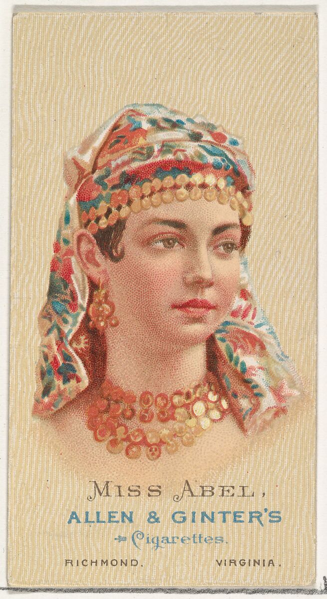 Miss Abel, from World's Beauties, Series 2 (N27) for Allen & Ginter Cigarettes, Allen &amp; Ginter (American, Richmond, Virginia), Commercial color lithograph 