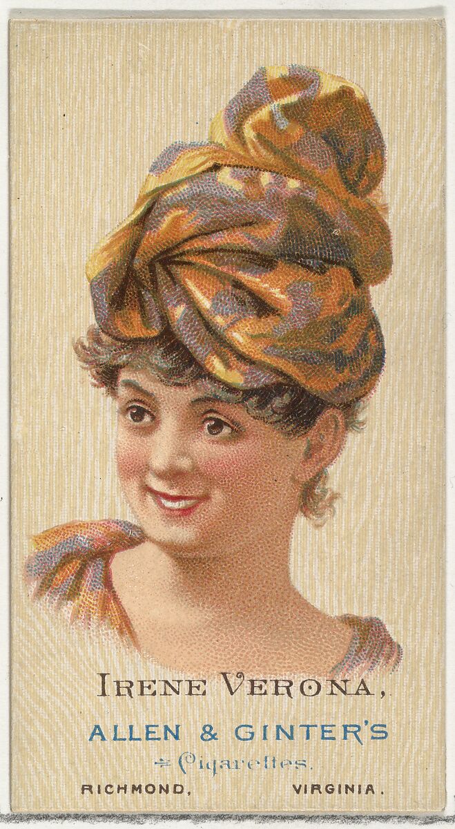 Irene Verona, from World's Beauties, Series 2 (N27) for Allen & Ginter Cigarettes, Allen &amp; Ginter (American, Richmond, Virginia), Commercial color lithograph 