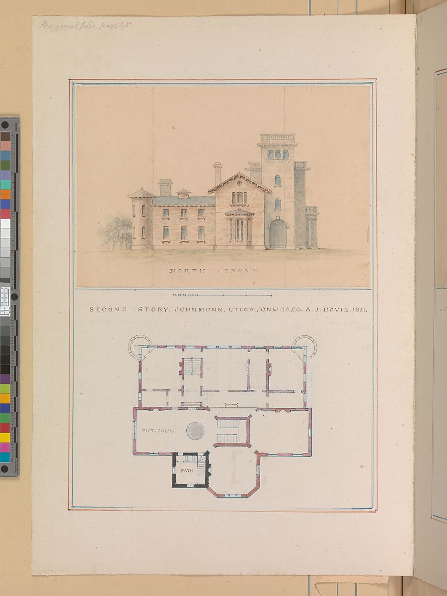 North Front and Second Floor Plan of John Munn House, Utica, New York, Alexander Jackson Davis (American, New York 1803–1892 West Orange, New Jersey), Ink and watercolor 