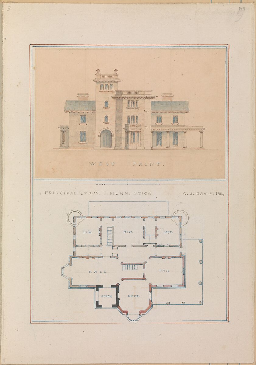 West Front and Principal Floor Plan of John Munn House, Utica, New York, Alexander Jackson Davis (American, New York 1803–1892 West Orange, New Jersey), Ink and watercolor 