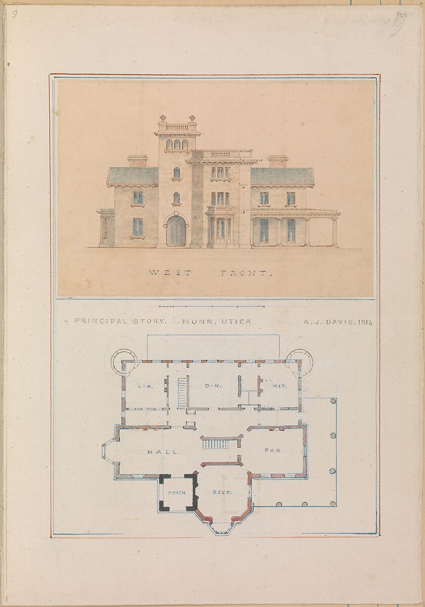 John Munn of Utica, Alexander Jackson Davis (American, New York 1803–1892 West Orange, New Jersey), Ink and watercolor 