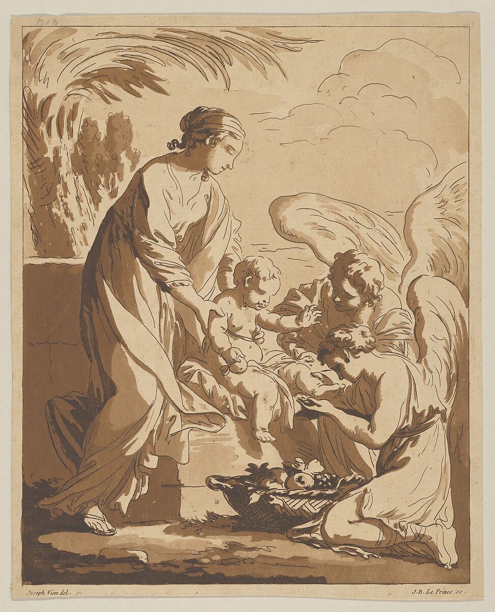 Adoration of the Angels (L’Adoration des anges), Jean-Baptiste Le Prince (French, Metz 1734–1781 Saint-Denis-du-Port), Etching and aquatint, printed in brown ink 