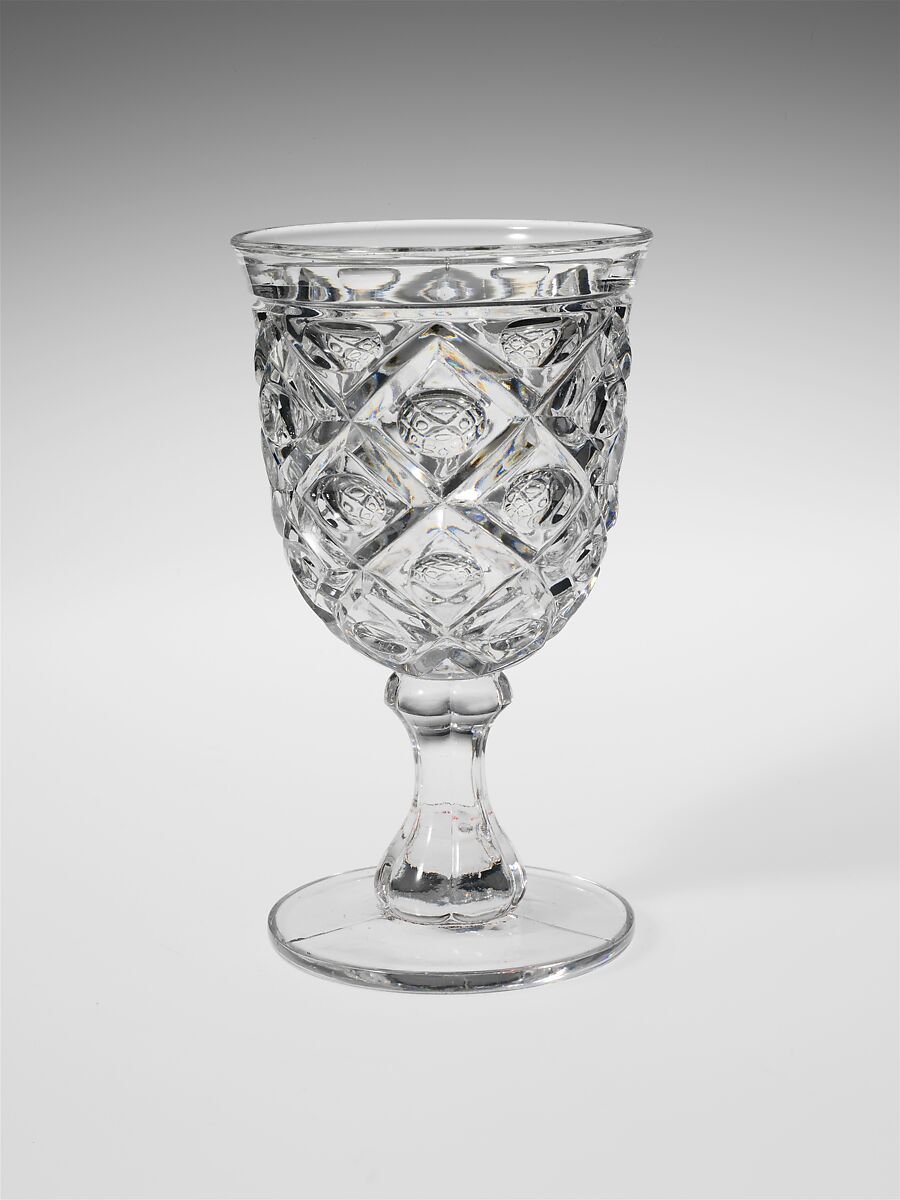 Goblet, Pressed glass, diamond thumbprint, American 