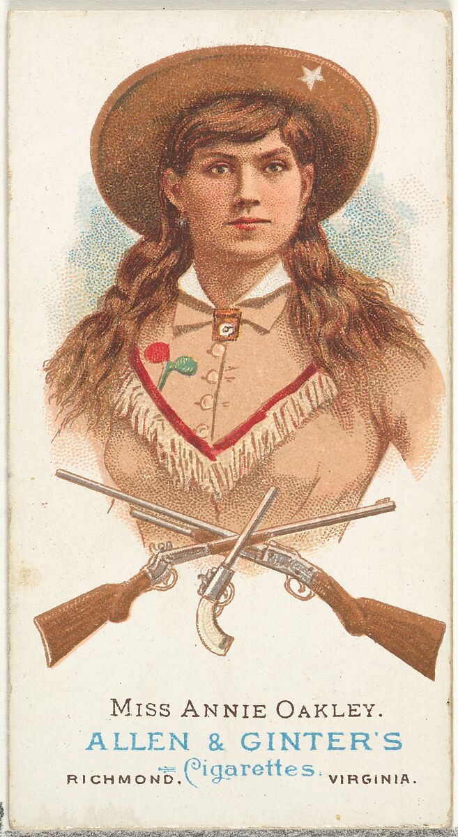 Miss Annie Oakley, Rifle Shooter, from World's Champions, Series 1 (N28) for Allen & Ginter Cigarettes, Allen &amp; Ginter (American, Richmond, Virginia), Commercial color lithograph 