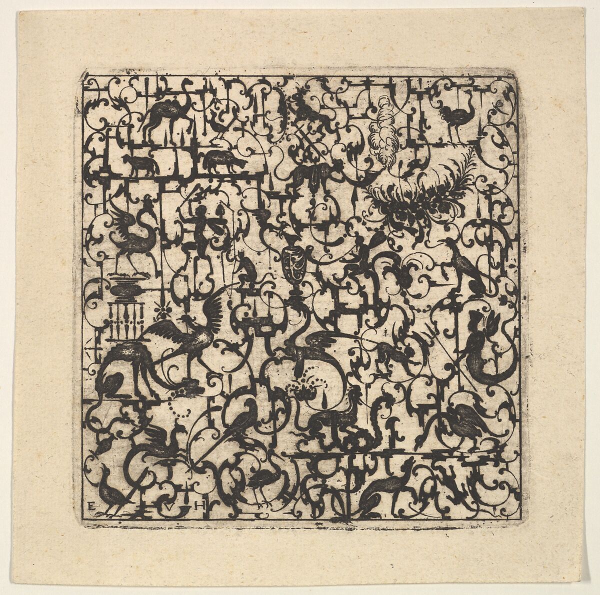 Square Blackwork Design in Silhouette Style with Schweifwerk and Grotesque Figures, Esaias von Hulsen (Netherlandish, Middelburg ca. 1570–before 1626 Stuttgart), Blackwork 