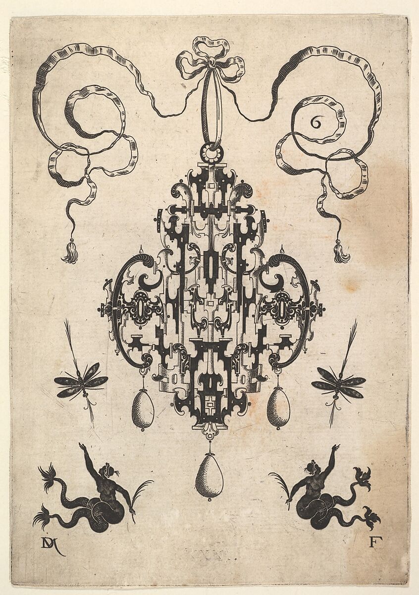 Design for a Pendant Combined with Sirens and Dragonflies, Daniel Mignot (French, active Augsburg, fl. 1593–1616), Blackwork and Engraving 