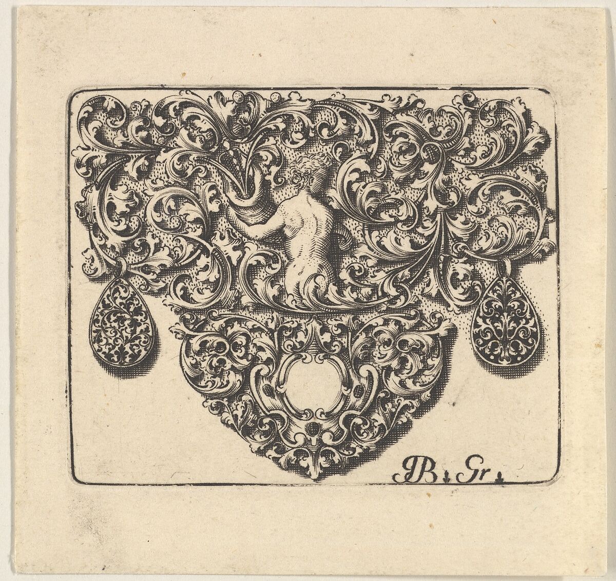 Goldsmiths Ornament with a Young Man Holding a Cornucopia, Giovani Battista Grondoni (Italian, active 1709–1715), Engraving and blackwork 