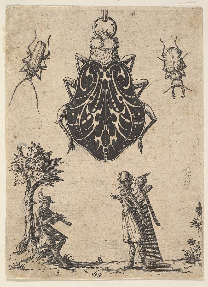 Pendant Shaped like a Beetle with a Couple and a Young Man Playing an Instrument, Jean Toutin (French, Chateaudun 1578–1644 Charenton), Blackwork and engraving 