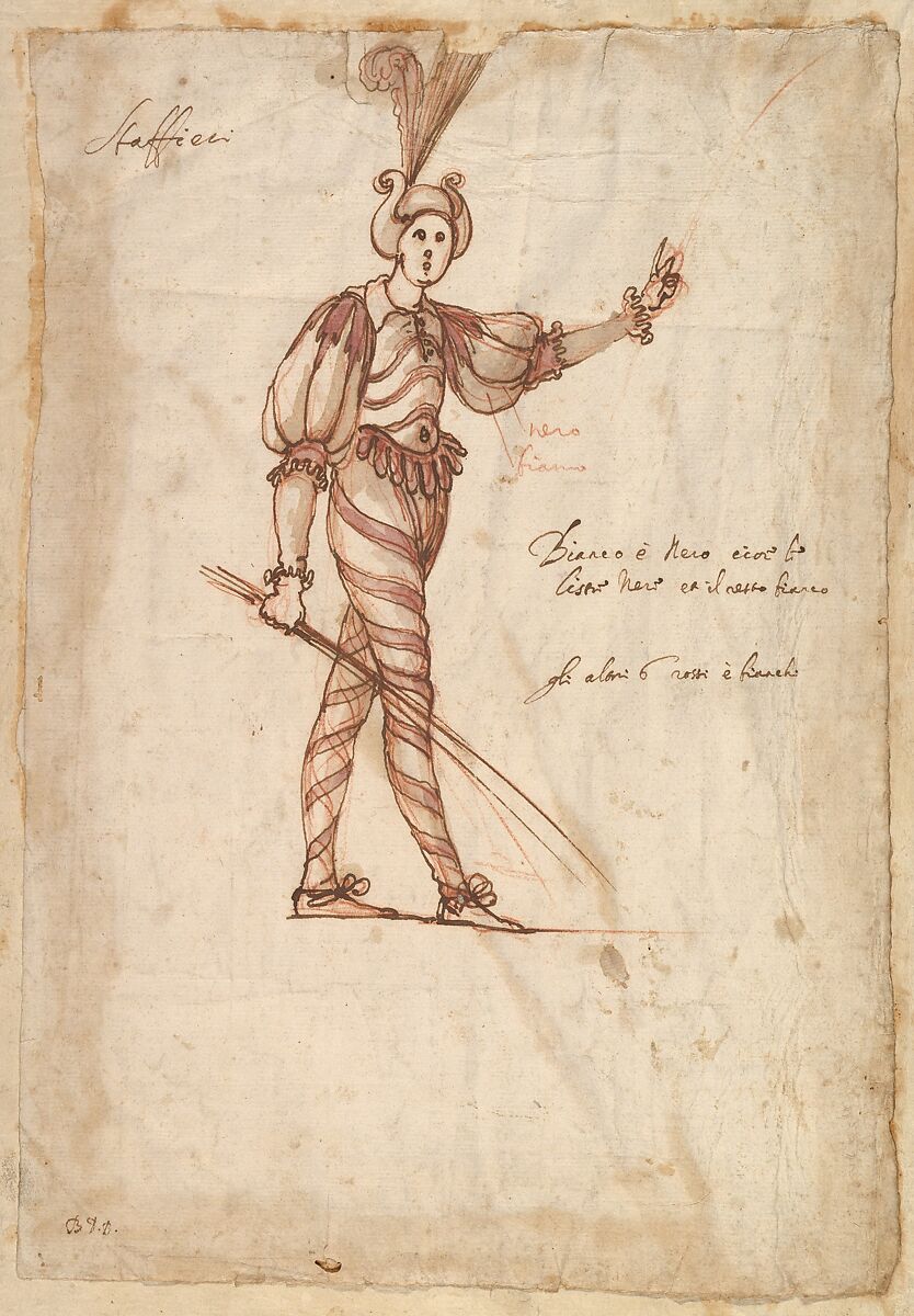 Costume Design for Pages or Squirs Tending to the Horses, Baccio del Bianco (Italian, Florence 1604–1656 Escorial) (and workshop), Brown ink over red chalk 