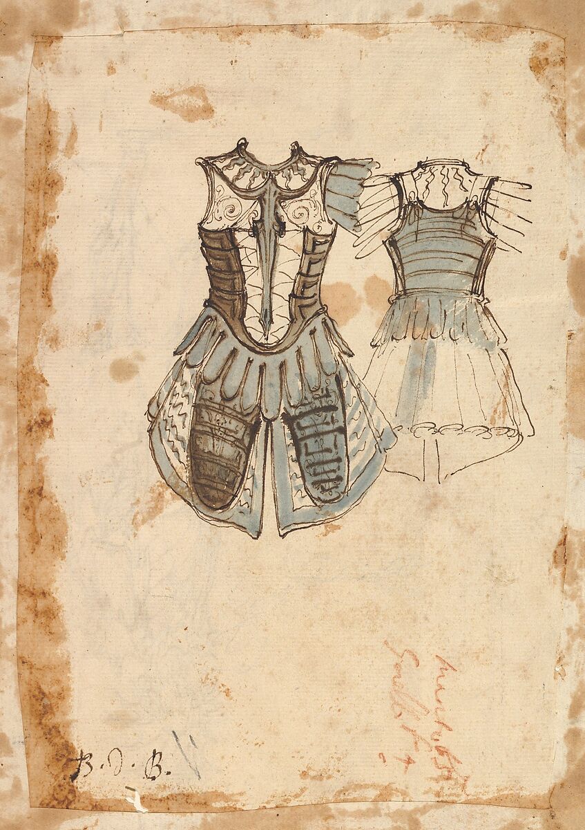 Design for a Soldier's Costume with a Cuirass (front and back), Baccio del Bianco (Italian, Florence 1604–1656 Escorial) (and workshop), Brown ink with a gray-blue and a light brown wash 