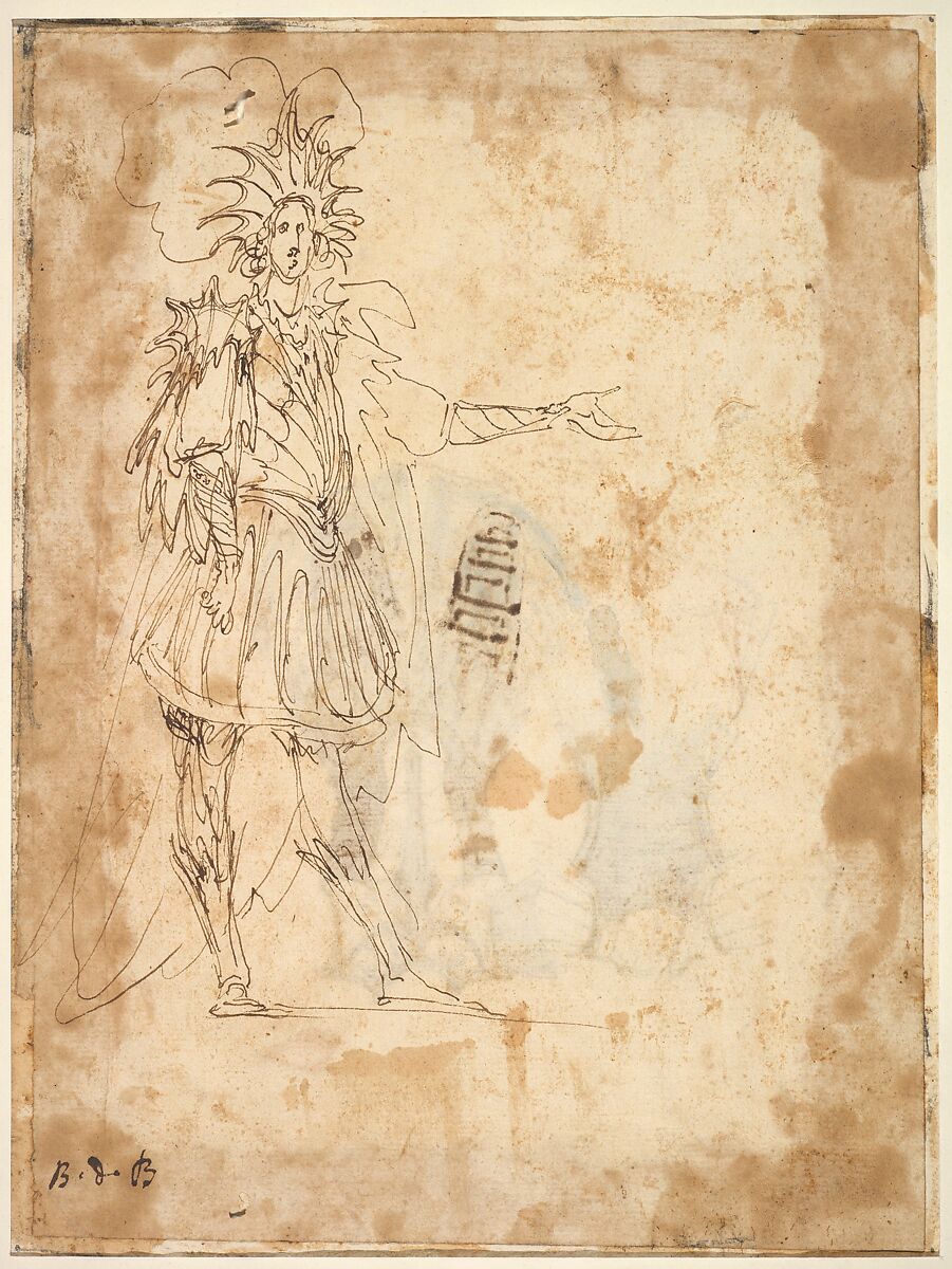 Costume Design with a Large Headdress and Long Cape, Baccio del Bianco (Italian, Florence 1604–1656 Escorial) (and workshop), Brown ink 