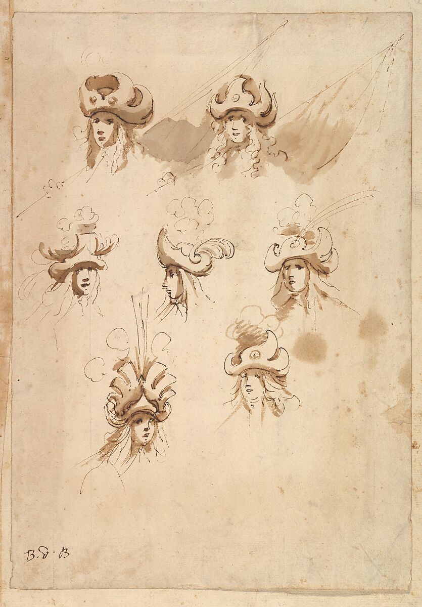 Seven Designs for Hats., Baccio del Bianco (Italian, Florence 1604–1656 Escorial) (and workshop), Brown ink and washes 