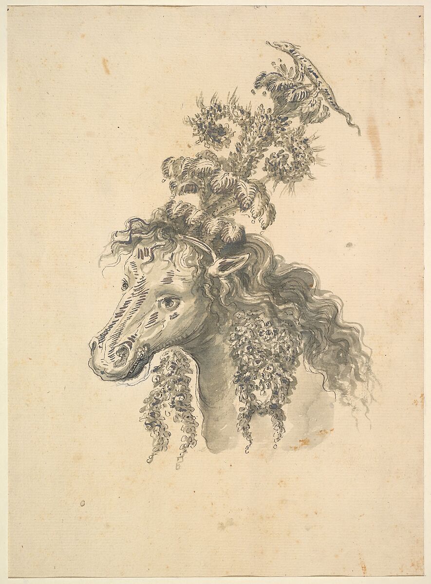 Design for the Headdress of a Horse Crowned by a Small Lizard, Possibly by Baccio del Bianco (Italian, Florence 1604–1656 Escorial) (and workshop), Blank ink and gray washes, heightened with silver (?) 