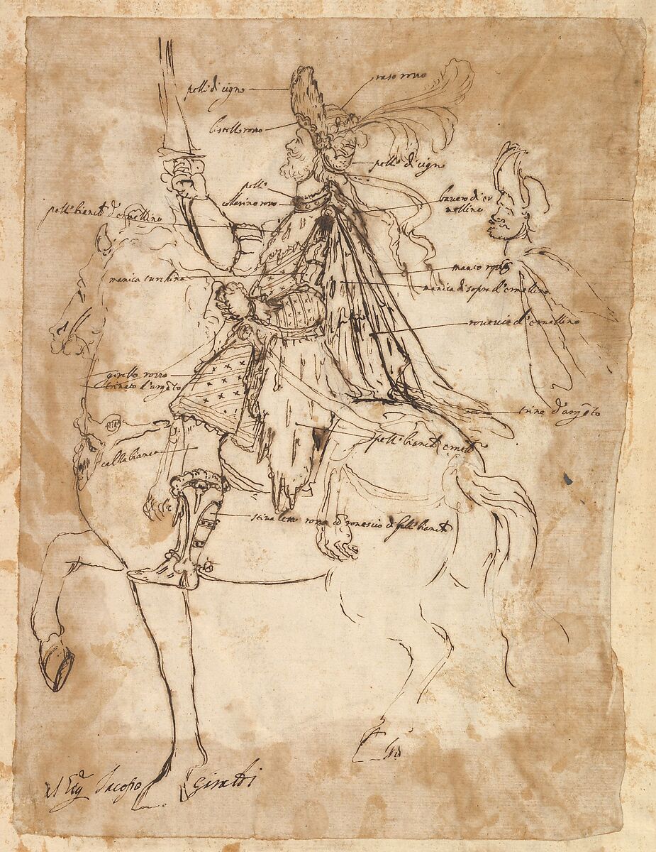 Costume design for Jacopo Giraldi, depicted on horse back, Baccio del Bianco (Italian, Florence 1604–1656 Escorial) (and workshop), Brown ink 