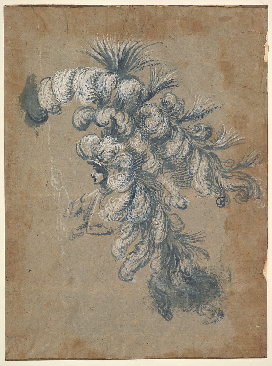 Design for a Lavish Headdress with Feathers, Possibly by Baccio del Bianco (Italian, Florence 1604–1656 Escorial) (and workshop), Blue gouache or watercolor heightend with white 