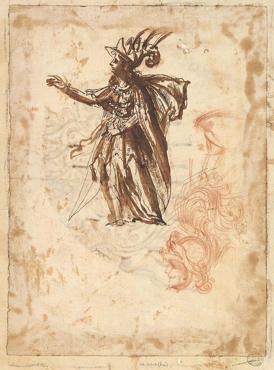 Costume Design and Design for a Headdress, Possibly by Baccio del Bianco (Italian, Florence 1604–1656 Escorial) (and workshop), Brown ink and wash; red chalk 