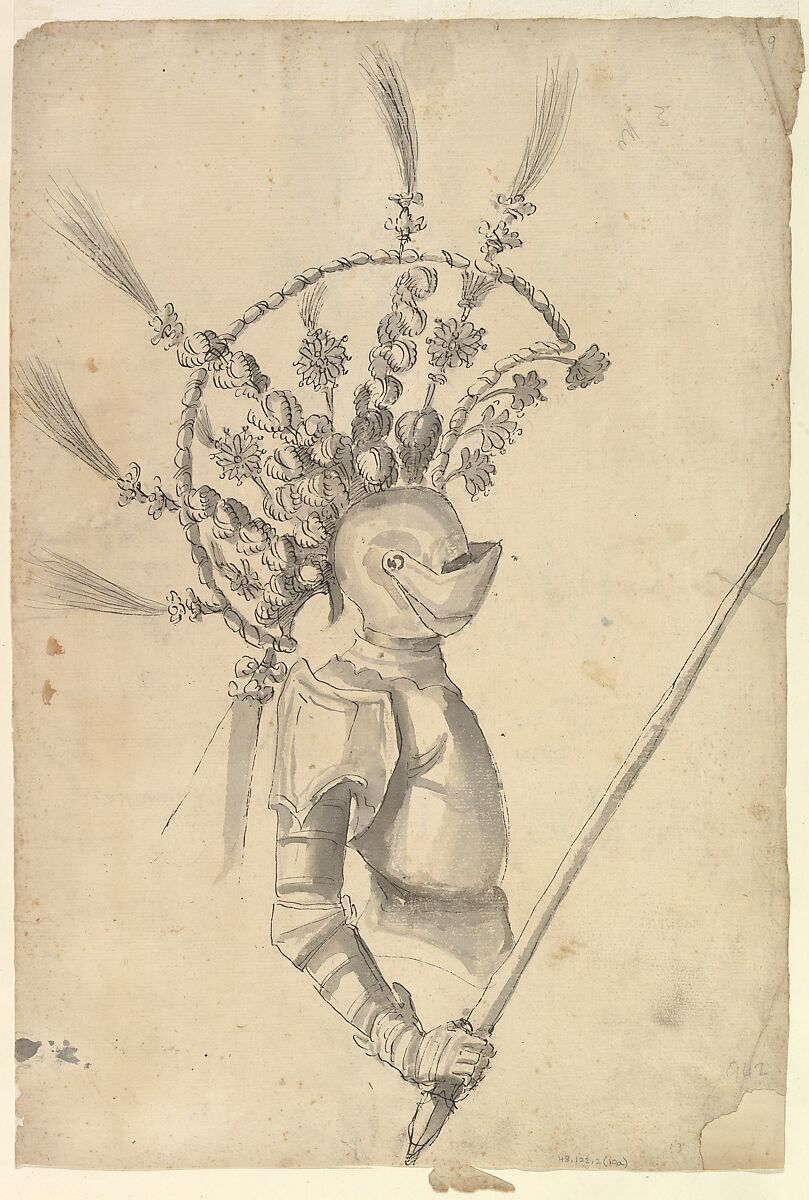 Design for an Armor with Tournament Headdress, Possibly by Baccio del Bianco (Italian, Florence 1604–1656 Escorial) (and workshop), Black ink and gray washes 