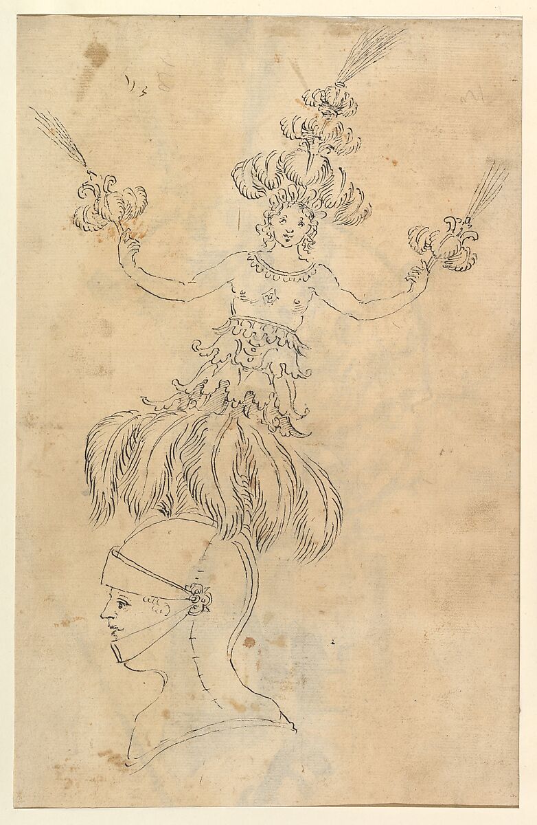 Design for an Armor with Tournament Headdress, Possibly by Baccio del Bianco (Italian, Florence 1604–1656 Escorial) (and workshop), Black ink 