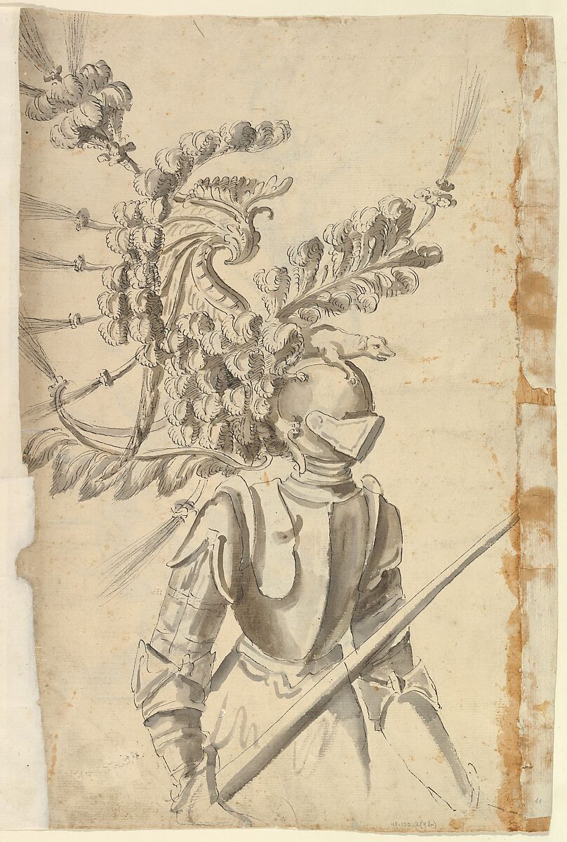 Design for an Armor with Tournament Headdress, Possibly by Baccio del Bianco (Italian, Florence 1604–1656 Escorial) (and workshop), Black ink and gray washes 