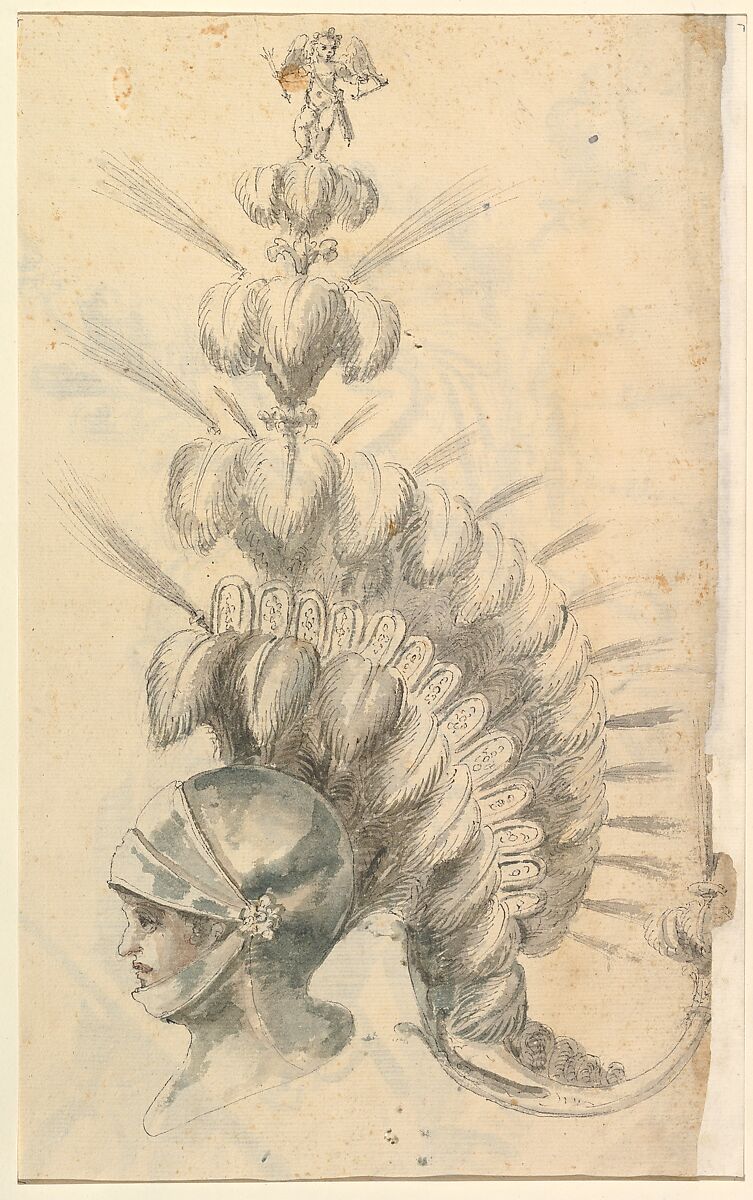 Design for an with Tournament Headdress, Possibly by Baccio del Bianco (Italian, Florence 1604–1656 Escorial) (and workshop), Black ink with gray, green, brown and pink washes 