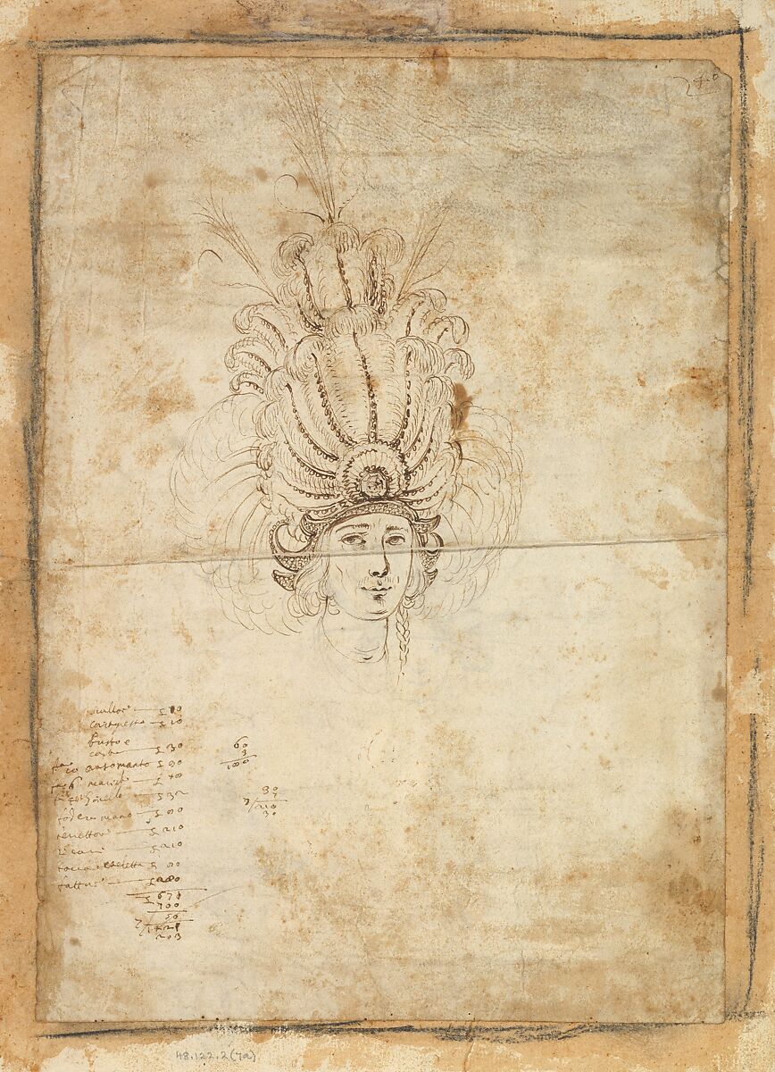 Design for a Man's Headdress, Possibly by Baccio del Bianco (Italian, Florence 1604–1656 Escorial) (and workshop), Brown ink 