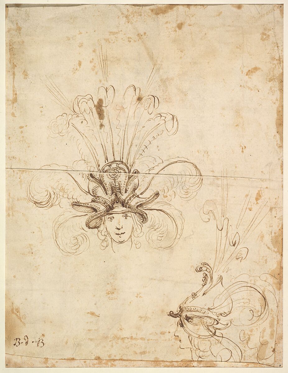 Design for a Headdress (front and side view), Baccio del Bianco (Italian, Florence 1604–1656 Escorial) (and workshop), Brown ink 