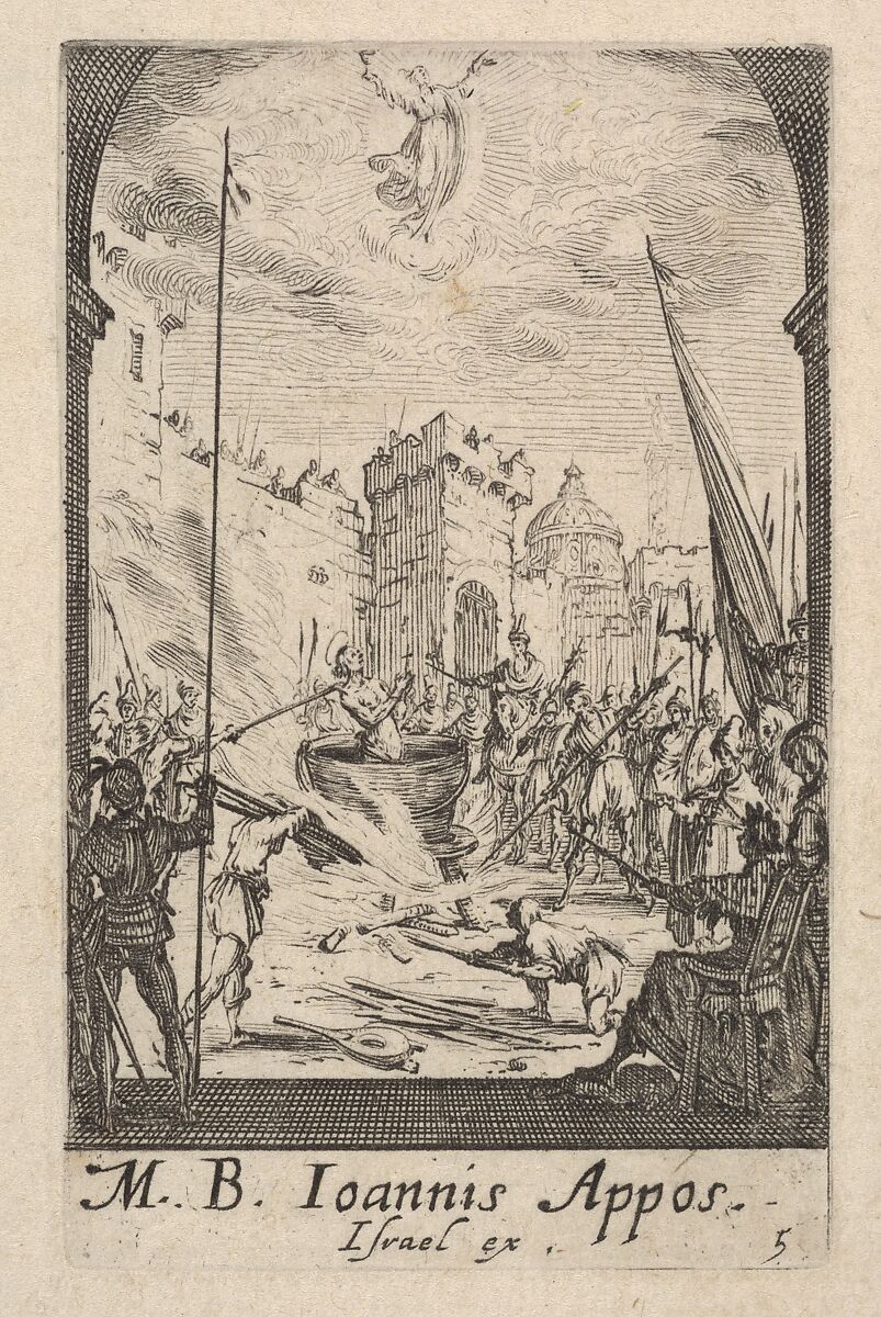 Martyrdom of Saint John the Evangelist, from the series 'The little apostles' (Les petits apôtres), Jacques Callot (French, Nancy 1592–1635 Nancy), Etching 