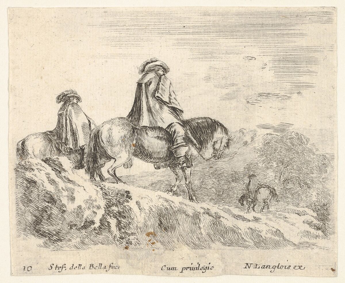 Plate 10: two horsemen descending a mountain at left, another horseman to right in background, from 'Diversi capricci', Stefano della Bella (Italian, Florence 1610–1664 Florence), Etching; third state of four (De Vesme) 
