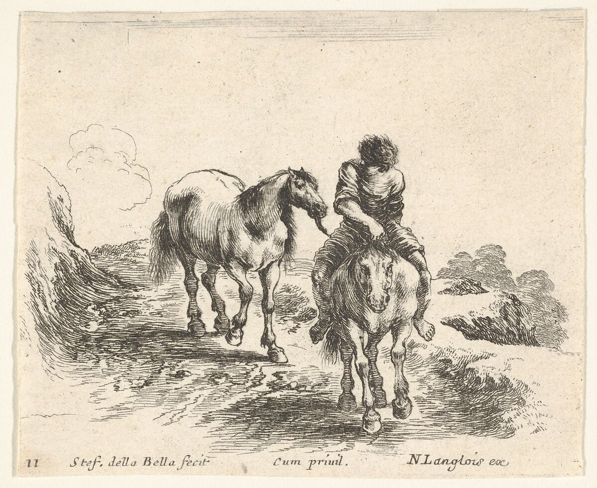 Plate 11: a young horseman, seen from the front, leading another horse, from 'Diversi capricci', Stefano della Bella (Italian, Florence 1610–1664 Florence), Etching; third state of four (De Vesme) 