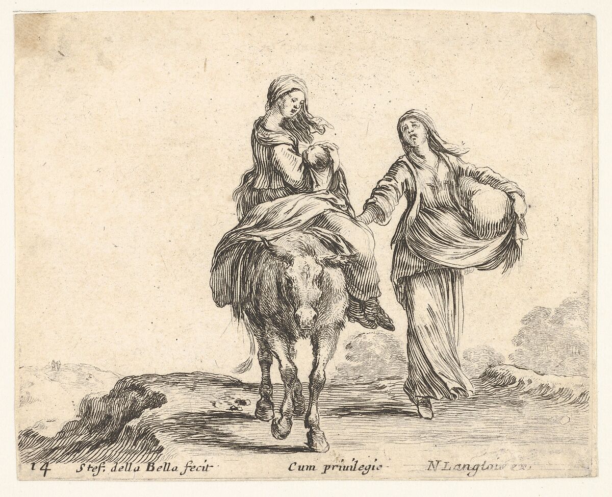 Plate 14: a young peasant woman and her child sitting side saddle atop a horse in center, another peasant woman to right, holding a large bag in her left arm, from 'Diversi capricci', Stefano della Bella (Italian, Florence 1610–1664 Florence), Etching; third state of four (De Vesme) 