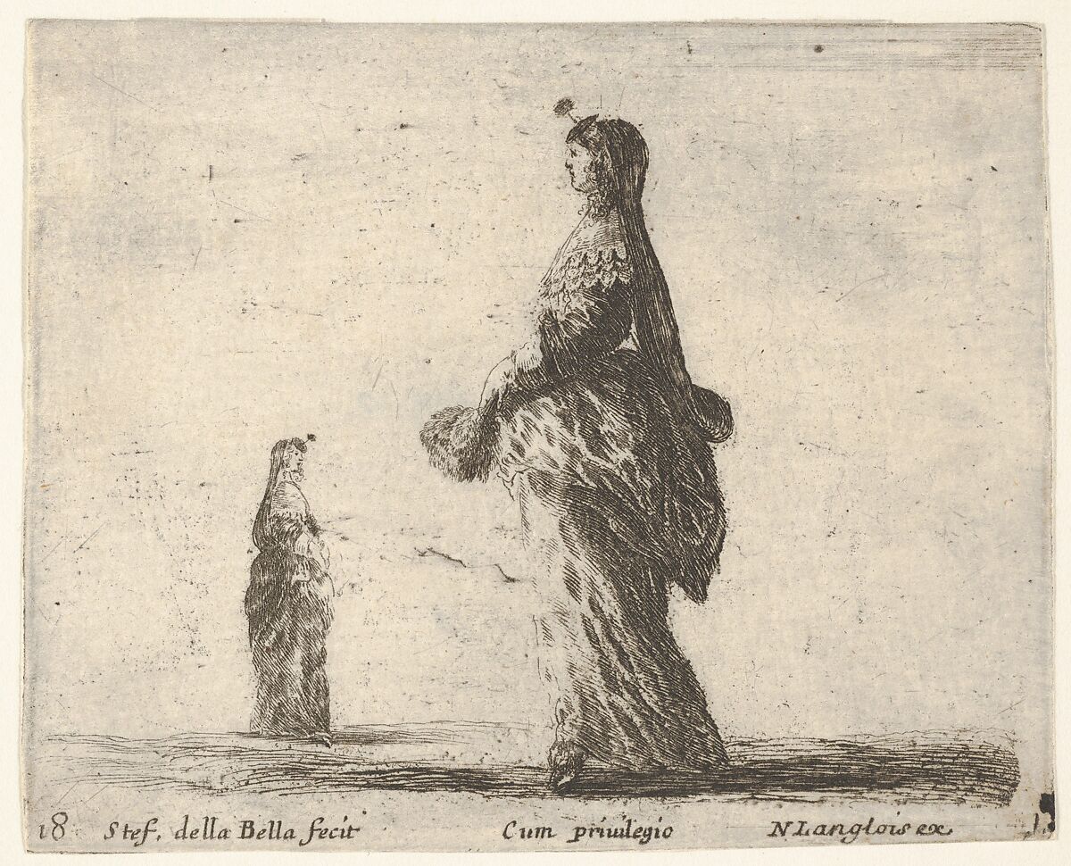 Plate 18: a noblewoman walking towards the left with a feathered fan, another woman in background to left, from 'Diversi capricci', Stefano della Bella (Italian, Florence 1610–1664 Florence), Etching; third state of four (De Vesme) 