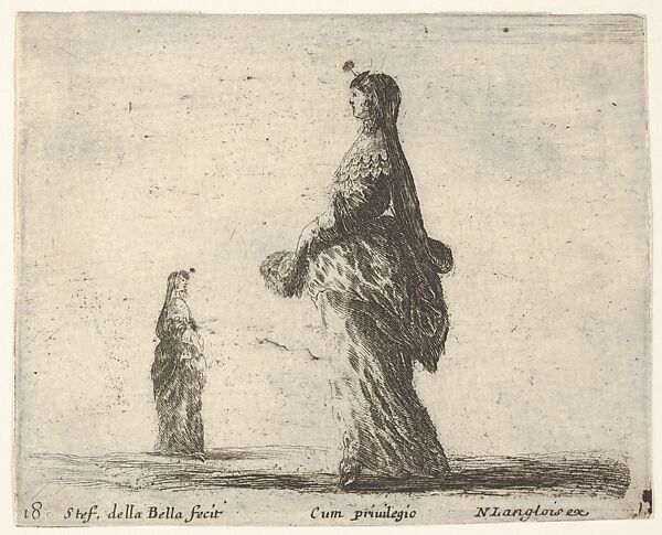 Plate 18: a noblewoman walking towards the left with a feathered fan, another woman in background to left, from 'Diversi capricci'
