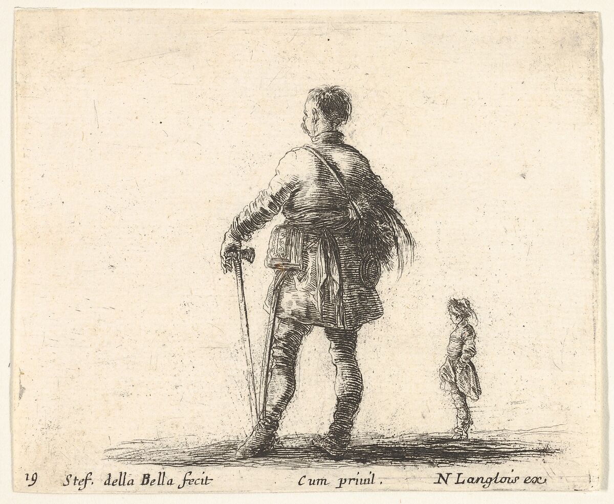 Plate 19: a Polish nobleman in court dress, standing in center, seen from behind, another nobleman to right in background, from 'Diversi capricci', Stefano della Bella (Italian, Florence 1610–1664 Florence), Etching; third state of four (De Vesme) 