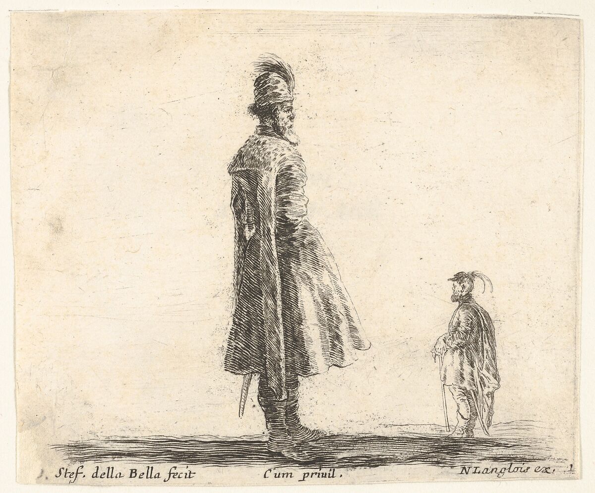 Plate 20: an old Polish nobleman wearing a plumed hat in center, standing in profile facing right, another Polish man to right in background, standing in profile facing left, from 'Diversi capricci', Stefano della Bella (Italian, Florence 1610–1664 Florence), Etching; third state of four (De Vesme) 