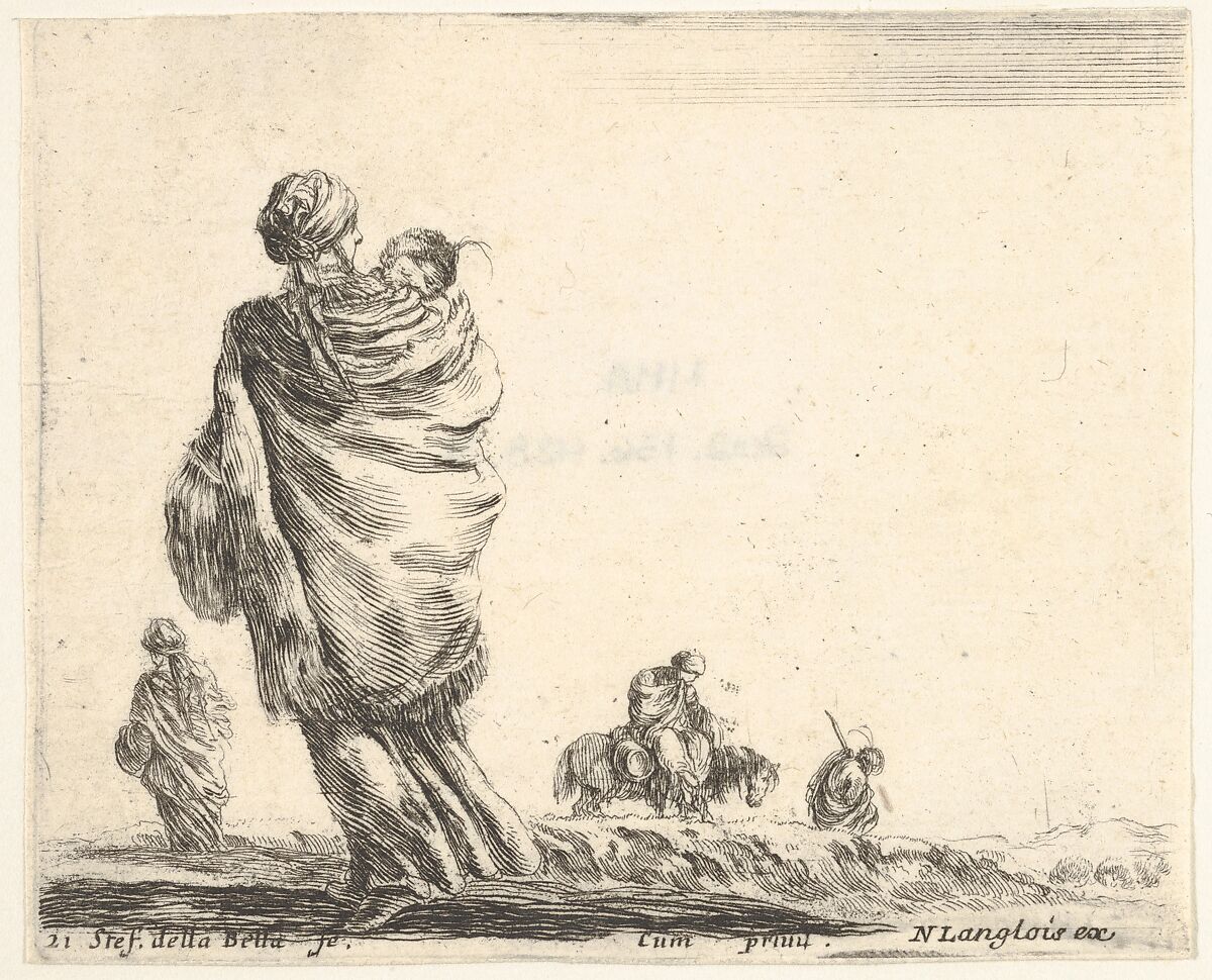 Plate 21: a poor woman to left, seen from behind, enveloping her child in a shawl, another woman seen from behind to left in background, a woman atop a horse and a man to right in background, from 'Diversi capricci', Stefano della Bella (Italian, Florence 1610–1664 Florence), Etching; third state of four (De Vesme) 