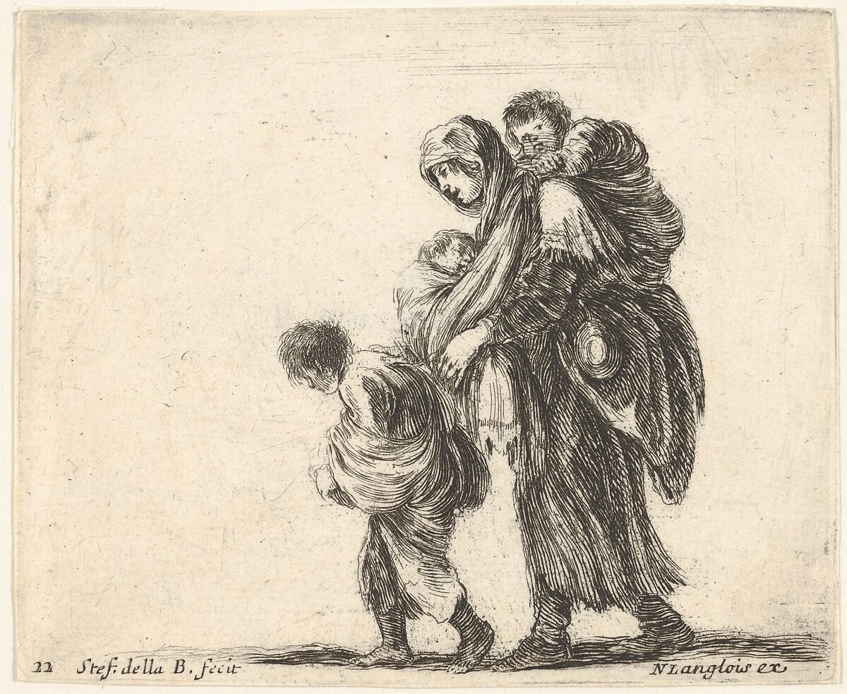 Plate 22: a beggar woman with three children, one child on her shoulders, one child in her arms, and one child who walks in front of her to left, from 'Diversi capricci', Stefano della Bella (Italian, Florence 1610–1664 Florence), Etching; third state of four (De Vesme) 