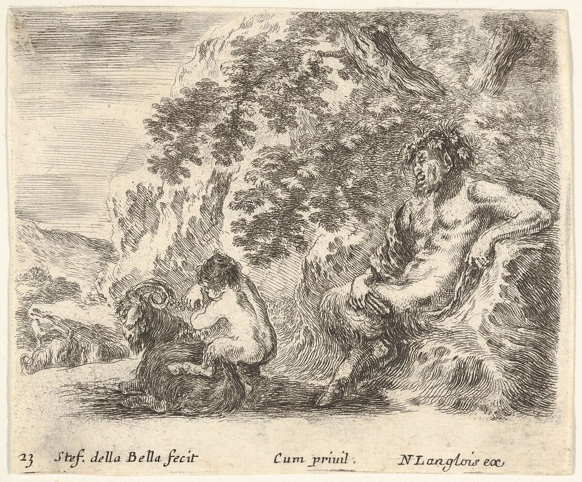 Plate 23: a satyr sitting against a tree to right and holding a flute in his right hand, a child playing with a goat to left, from 'Diversi capricci', Stefano della Bella (Italian, Florence 1610–1664 Florence), Etching; third state of four (De Vesme) 