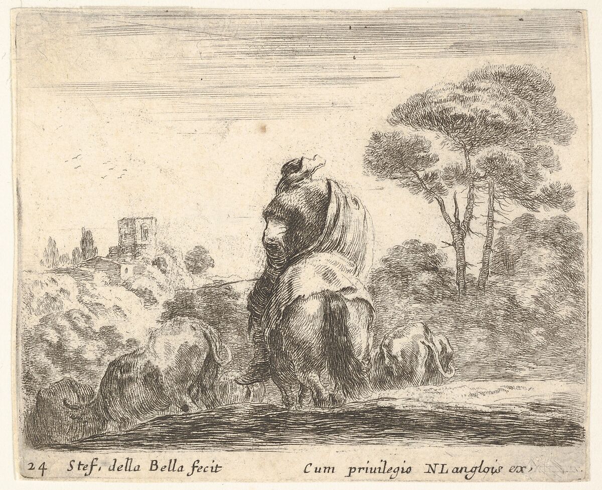 Plate 24: herdsman atop a horse, seen from behind, leads his cattle down a hill, a tower on a hill to left in the background, from 'Diversi capricci', Stefano della Bella (Italian, Florence 1610–1664 Florence), Etching; third state of four 